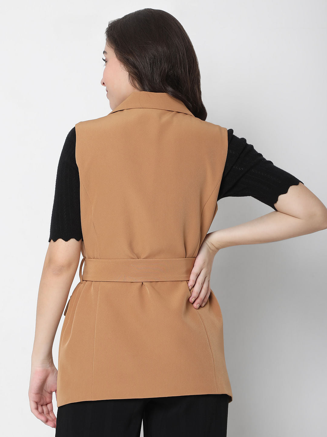 Brown Belted Sleeveless Blazer