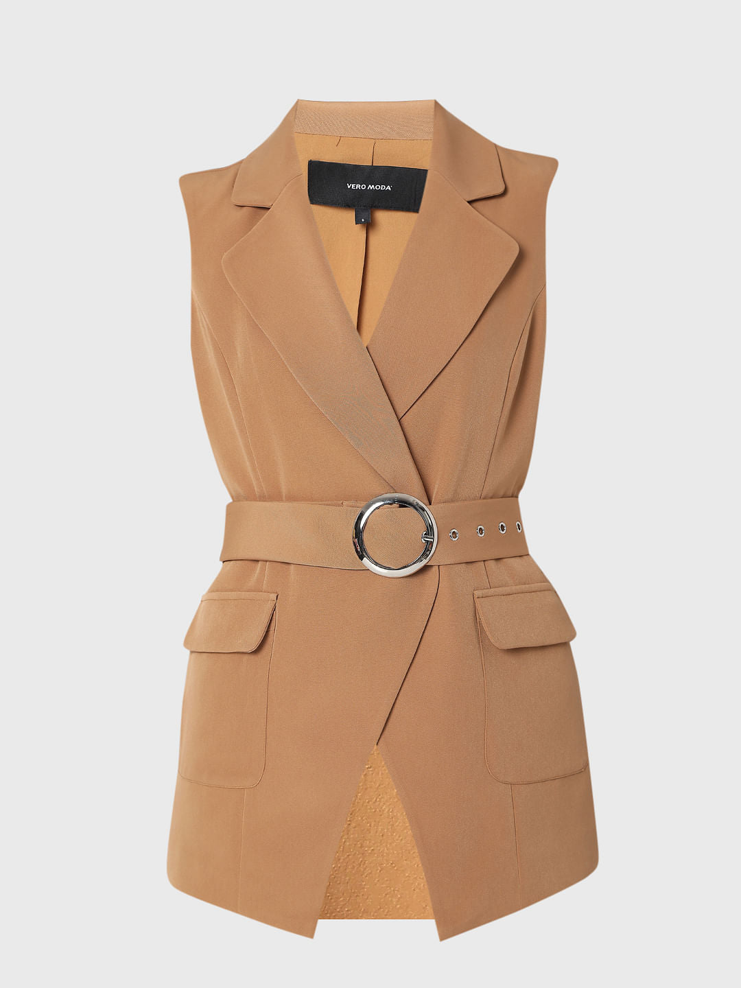 Brown Belted Sleeveless Blazer