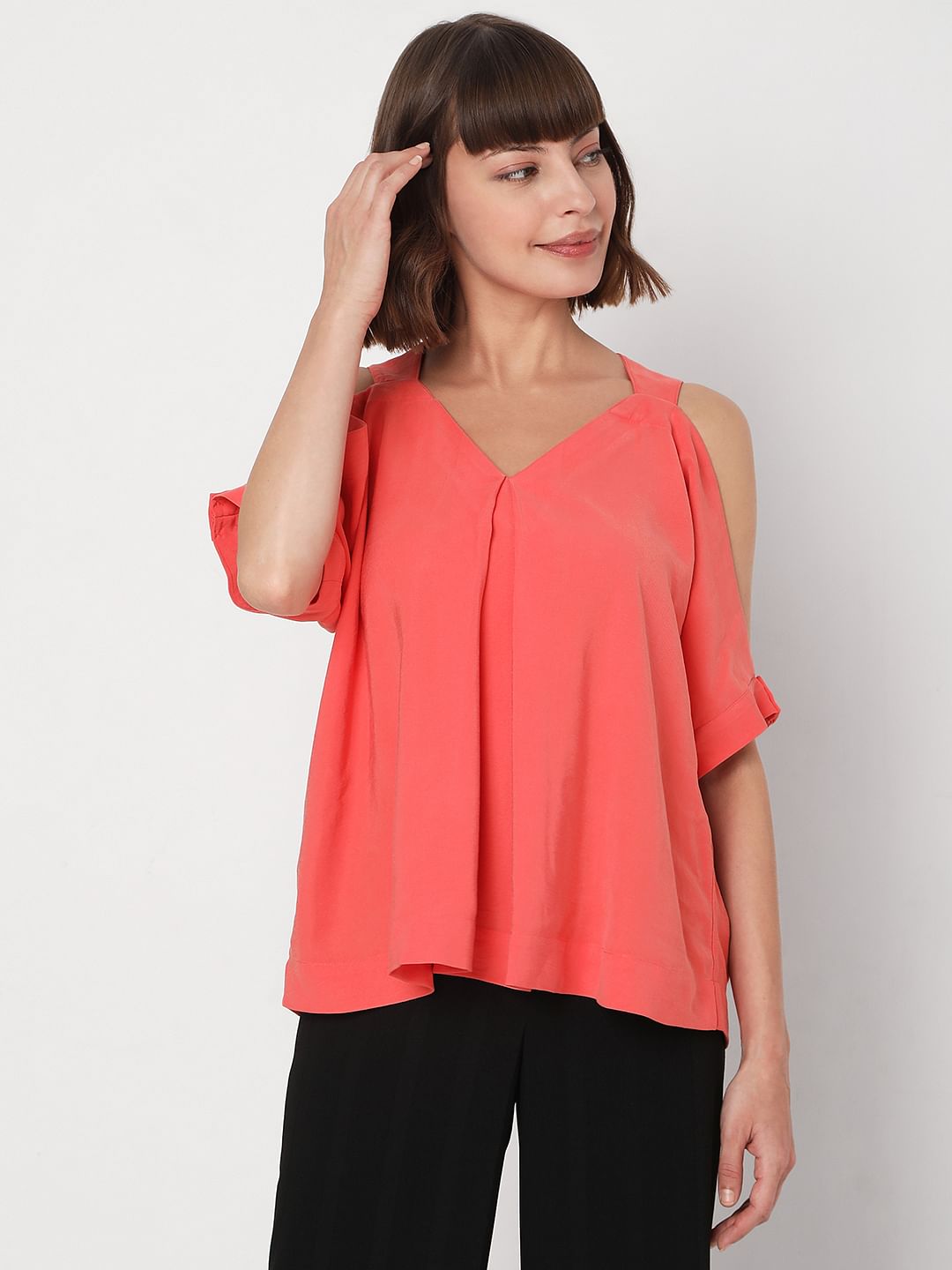 Coral Cold-Shoulder Top