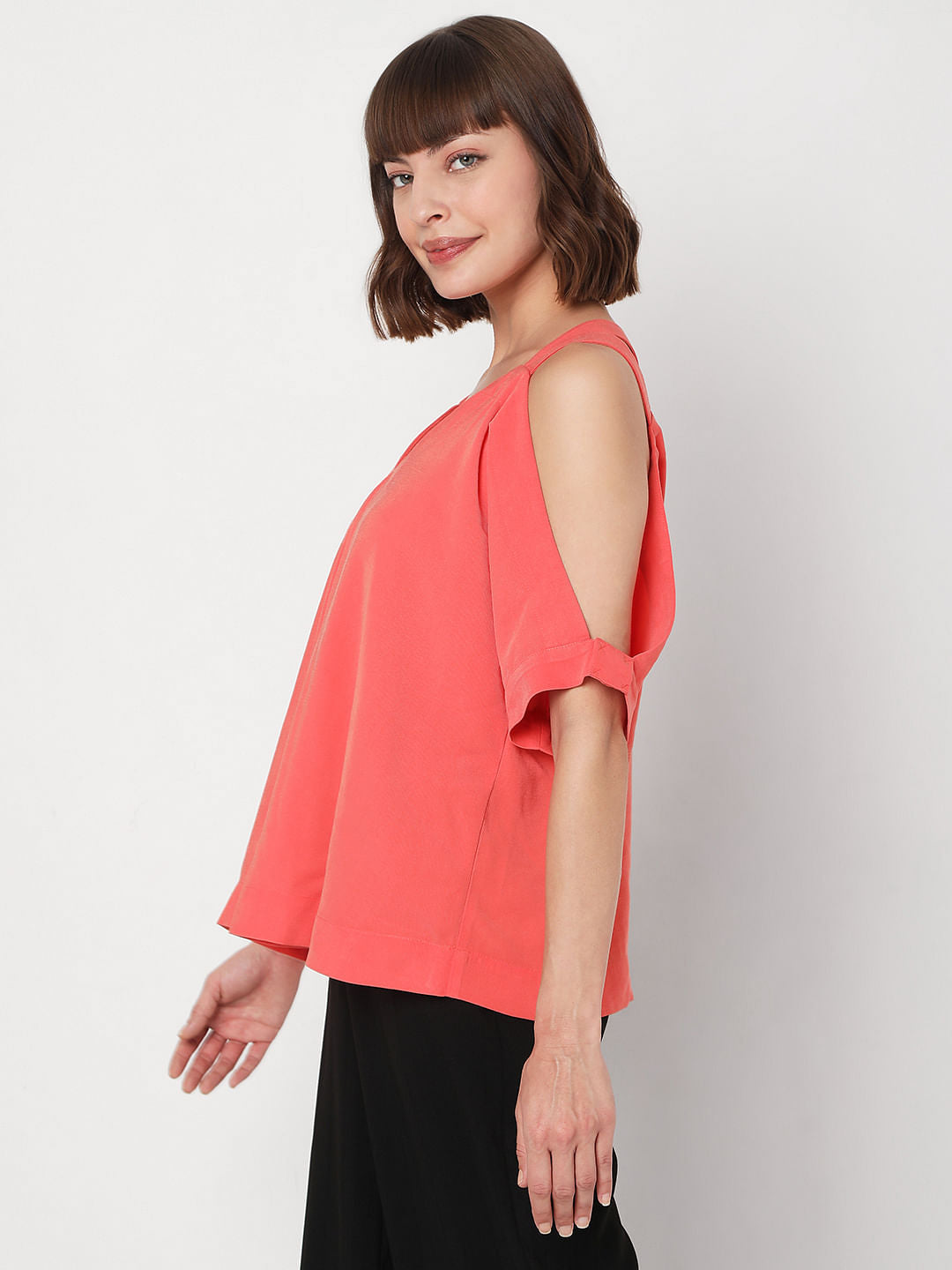 Coral Cold-Shoulder Top