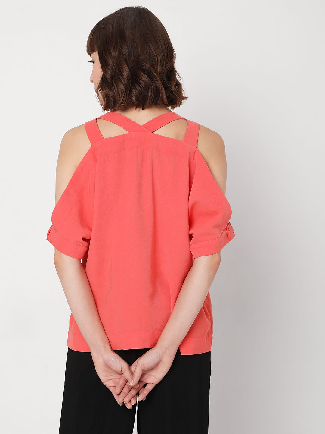 Coral Cold-Shoulder Top