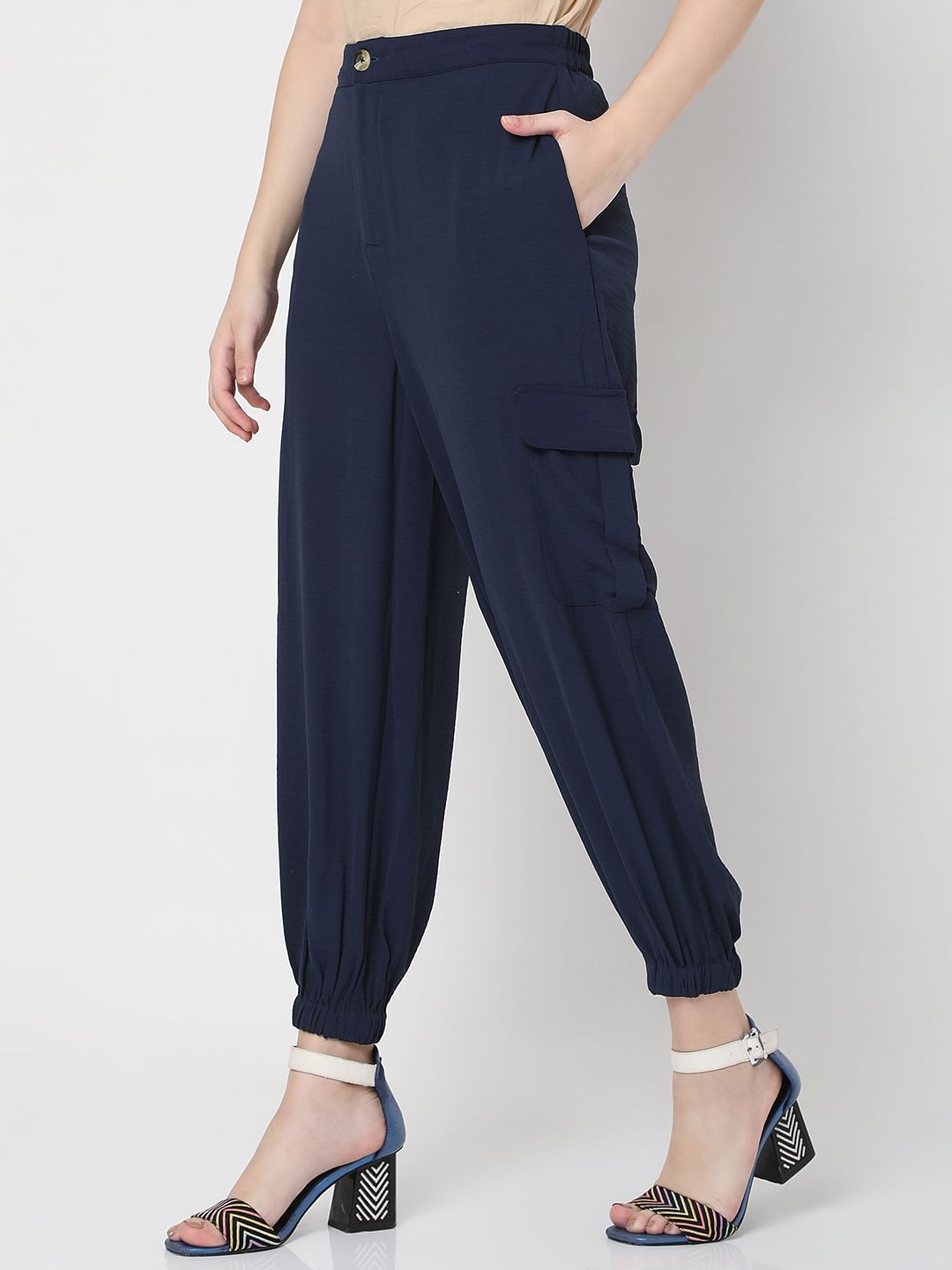 Navy Blue Mid Rise Cargo Pants