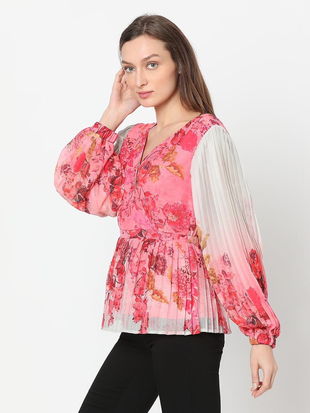 Pink Floral Ombre Pleated Top