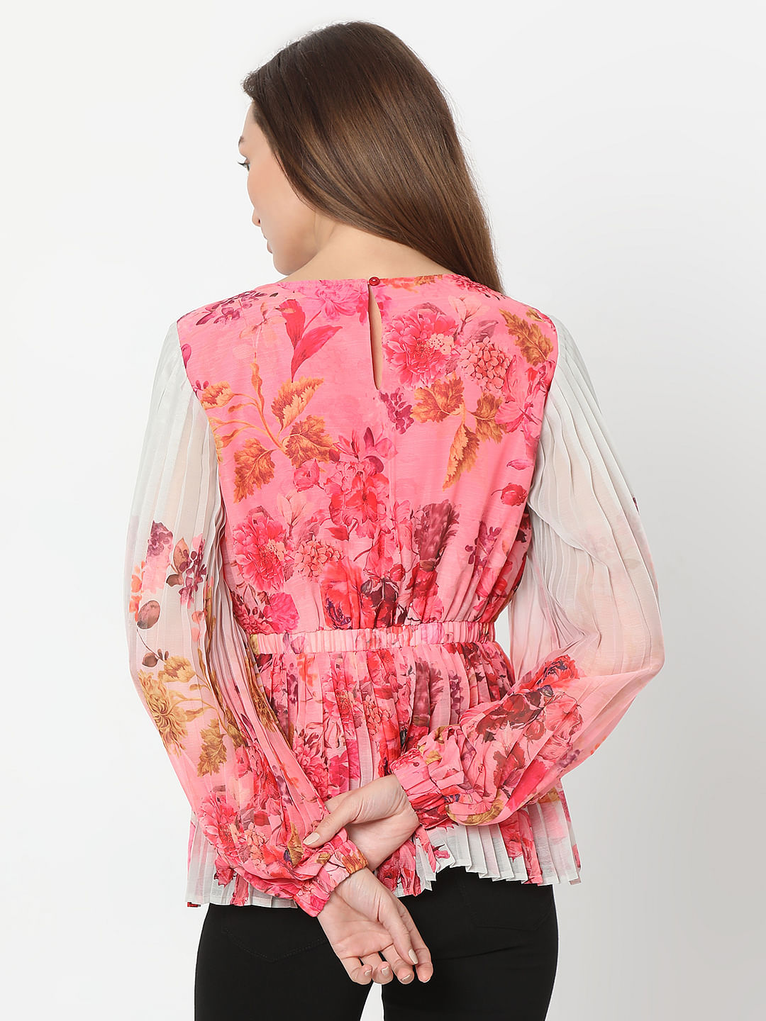 Pink Floral Ombre Pleated Top