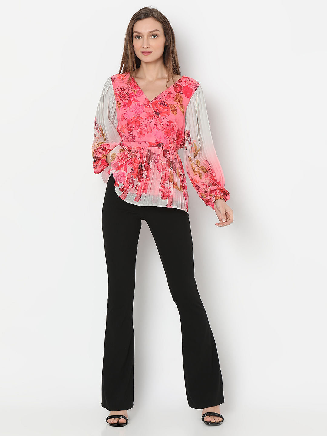 Pink Floral Ombre Pleated Top