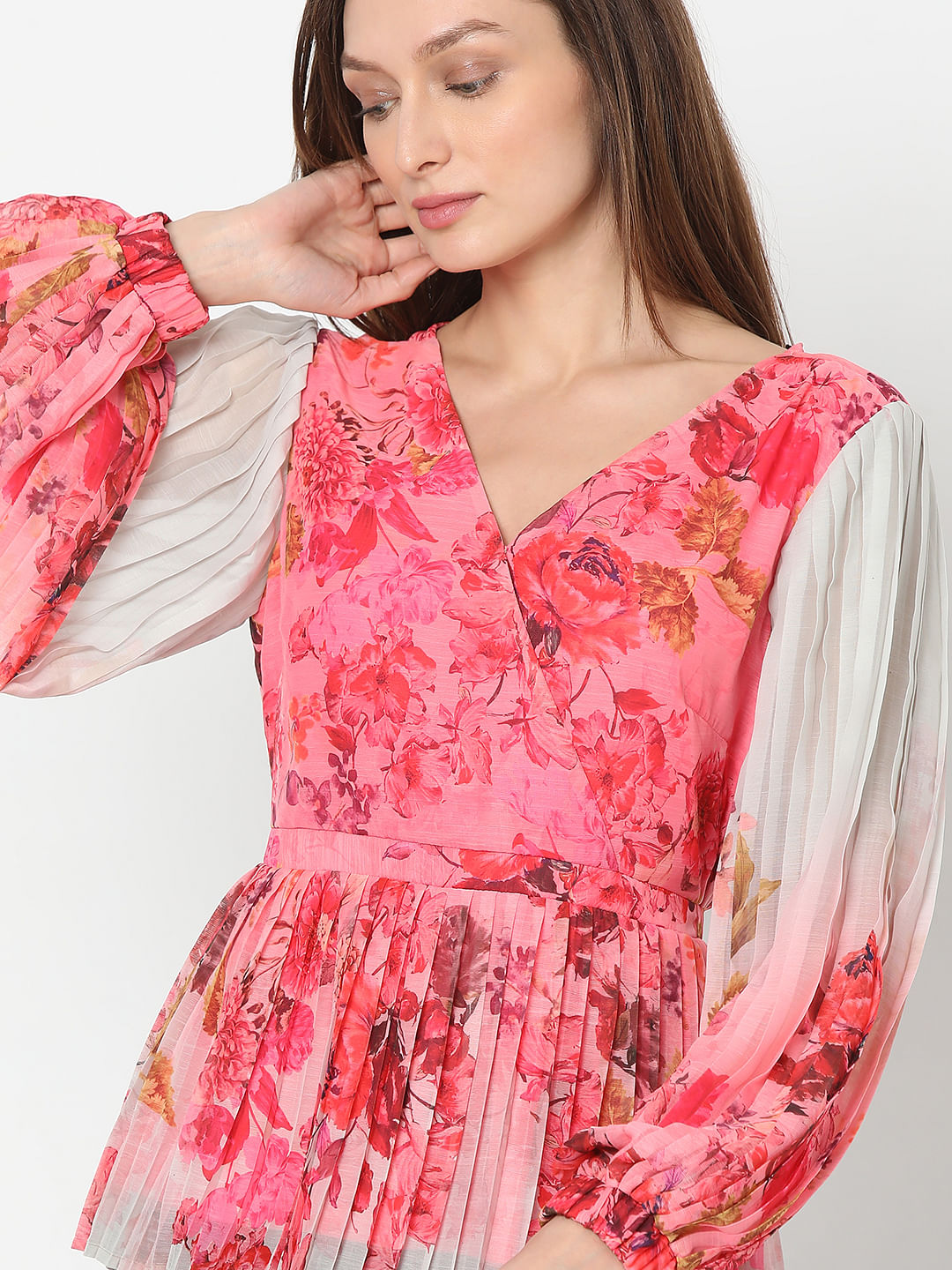 Pink Floral Ombre Pleated Top