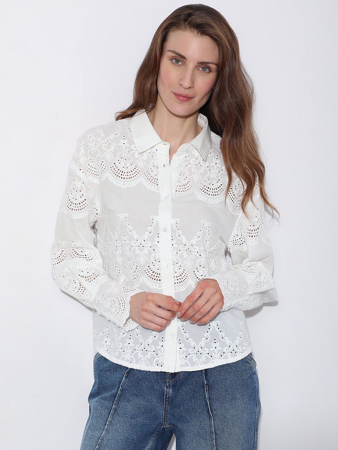 White Schiffli Cotton Shirt