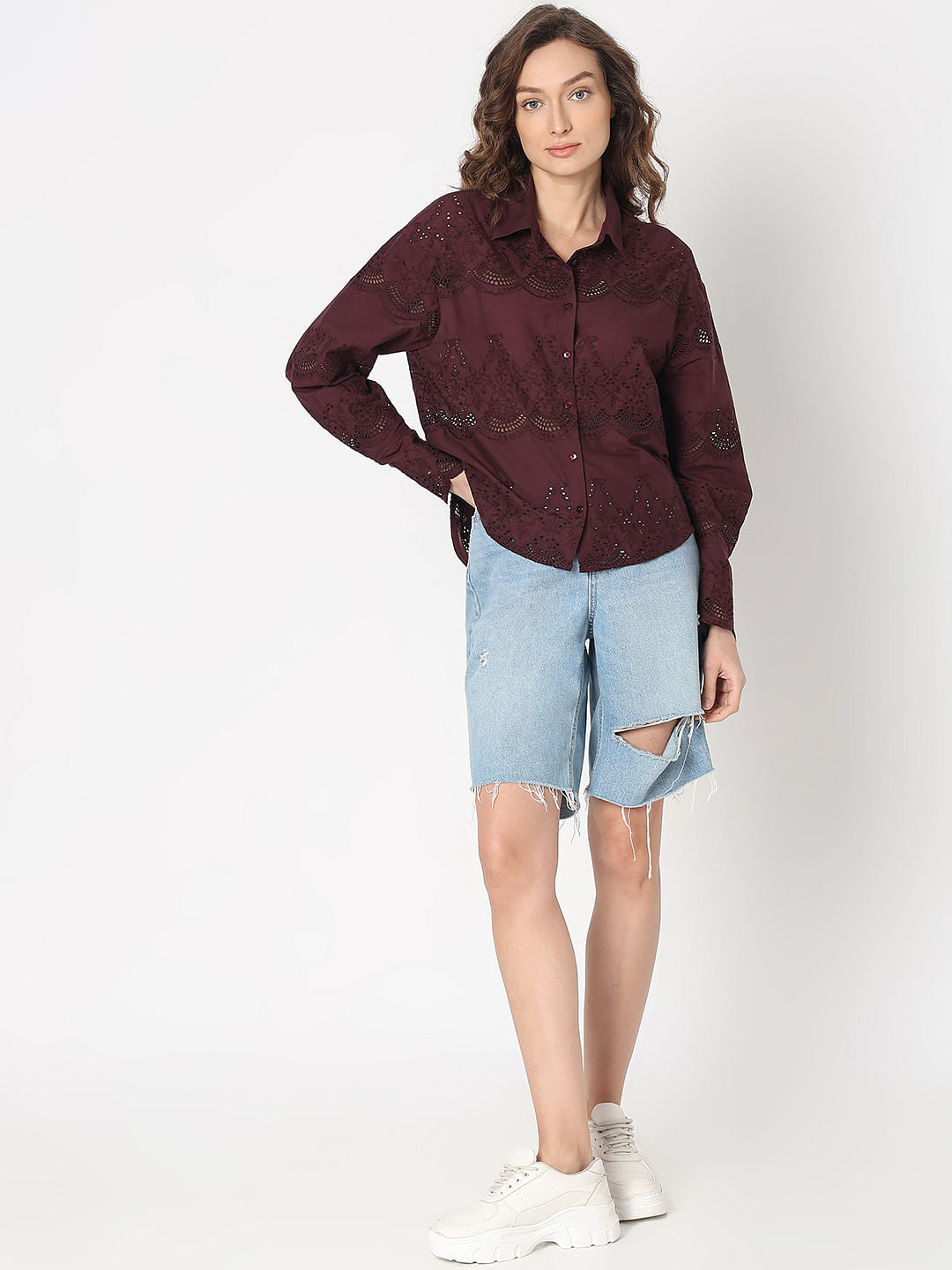 Wine Cut-Work Cotton Shirt