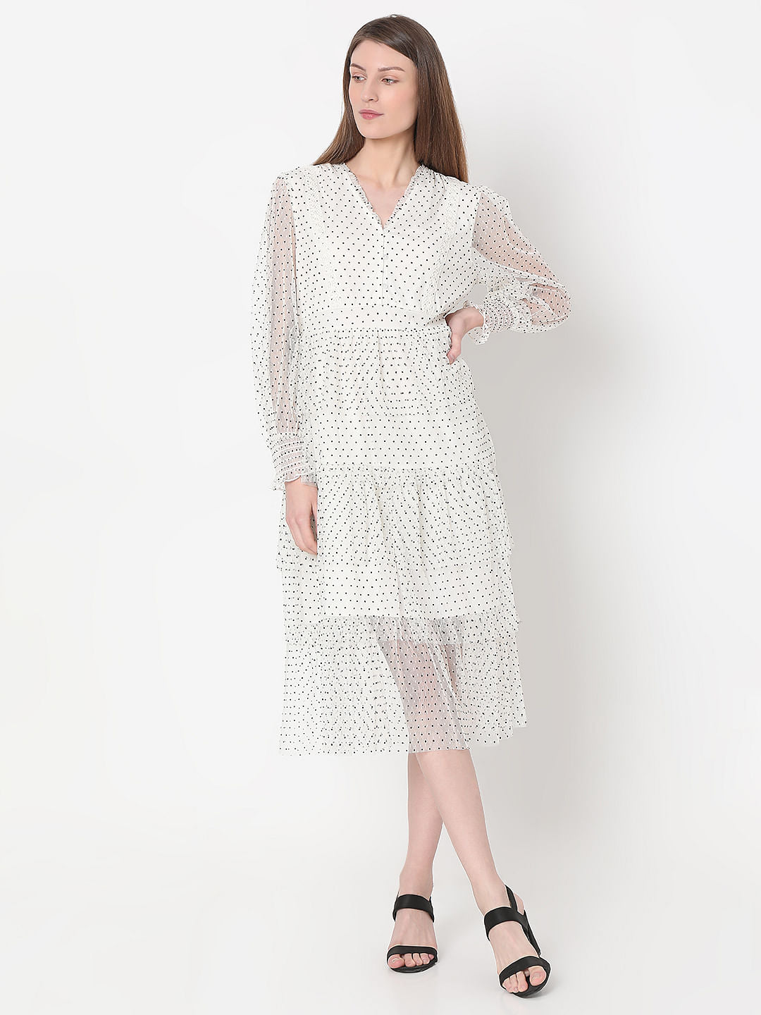 White Polka Dot Mesh Midi Dress
