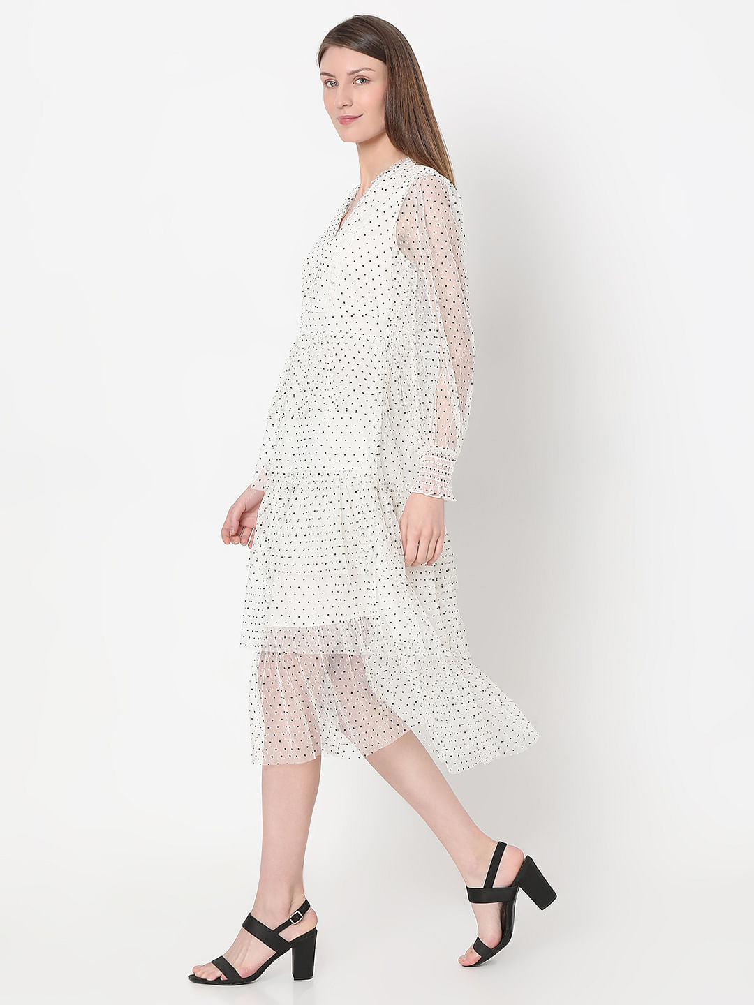 White Polka Dot Mesh Midi Dress