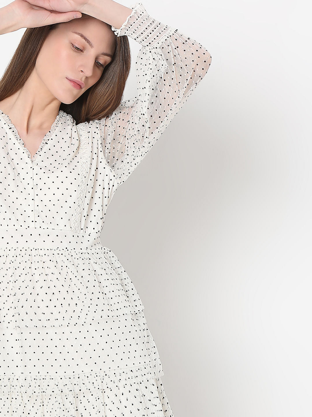 White Polka Dot Mesh Midi Dress