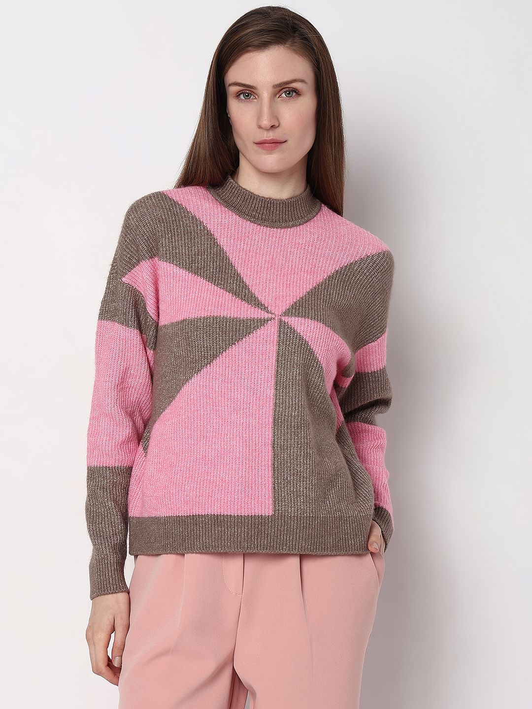 Brown Colourblocked High Neck Pullover