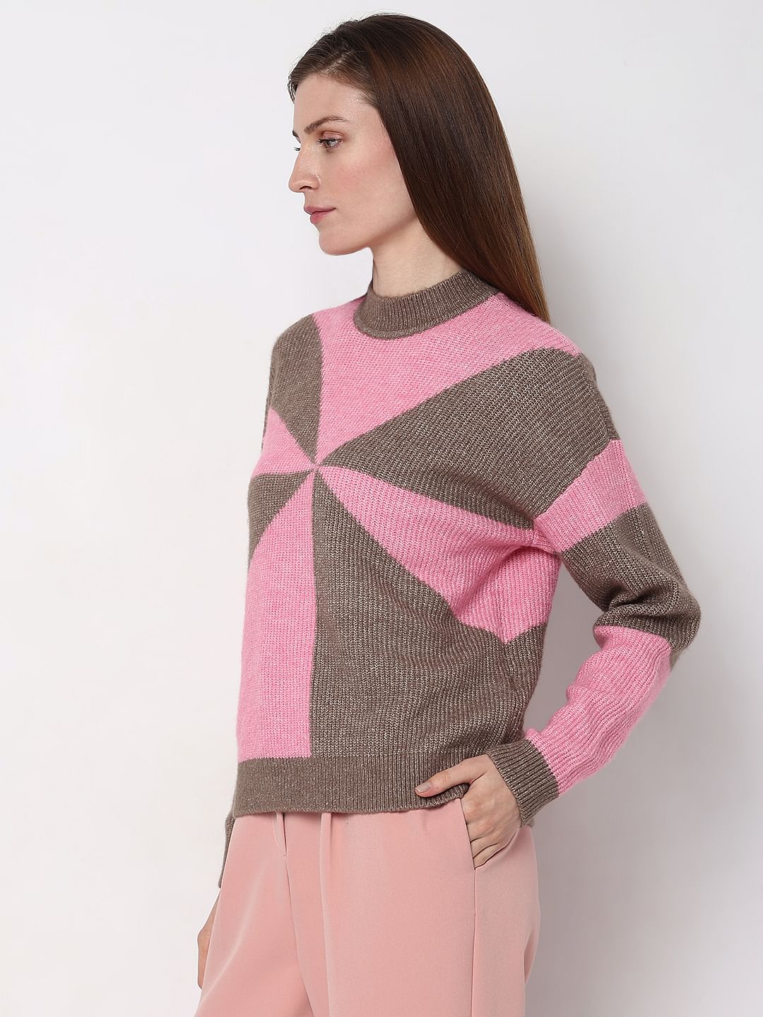 Brown Colourblocked High Neck Pullover