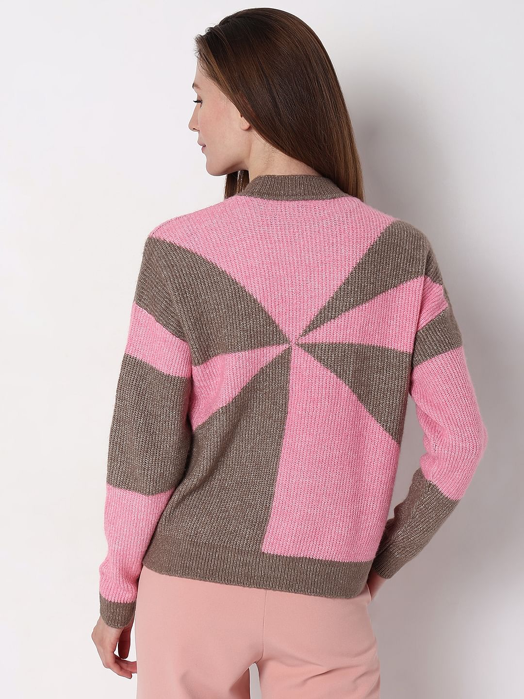 Brown Colourblocked High Neck Pullover