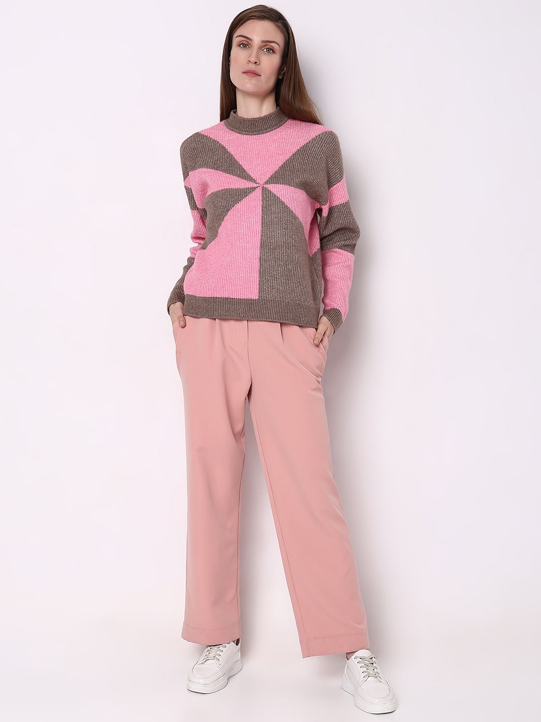 Brown Colourblocked High Neck Pullover