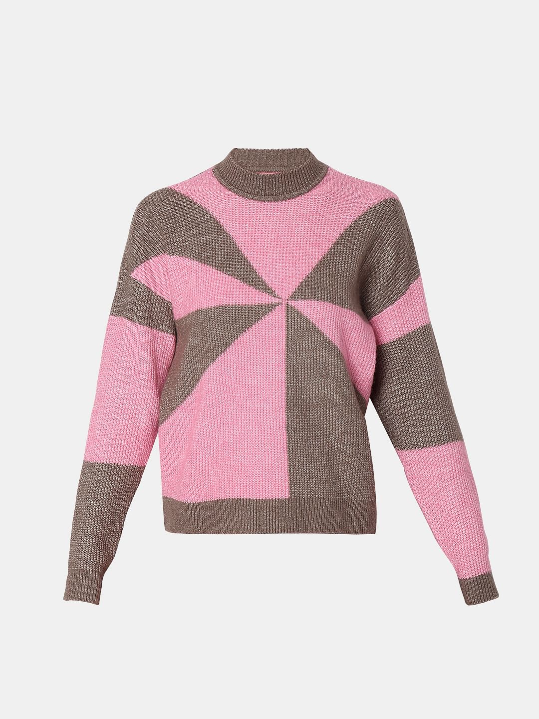 Brown Colourblocked High Neck Pullover