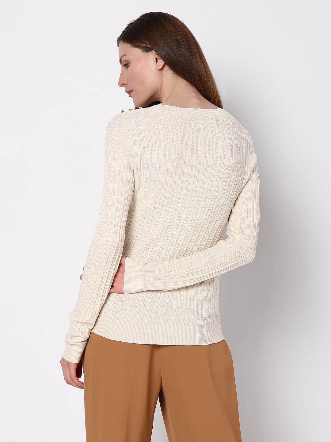 Beige Ribbed Button Detail Pullover
