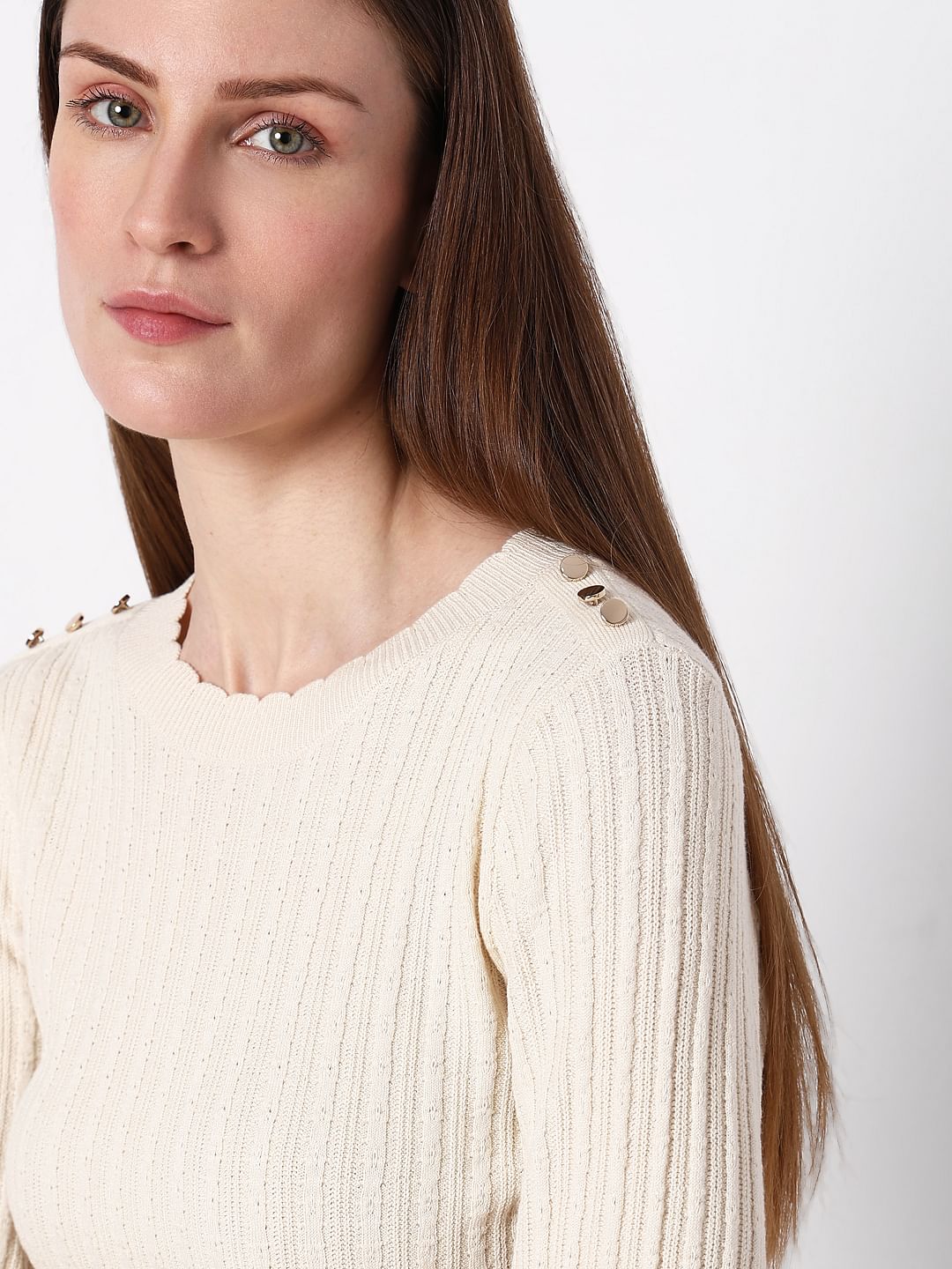 Beige Ribbed Button Detail Pullover