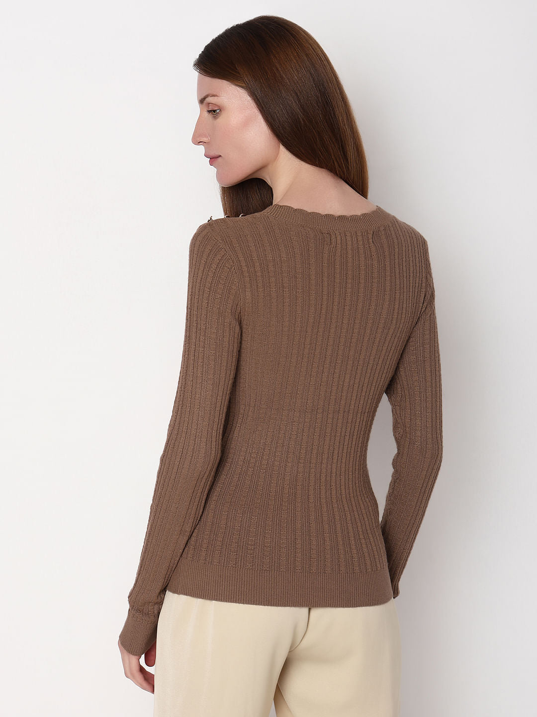 Brown Button Detail Fitted Pullover