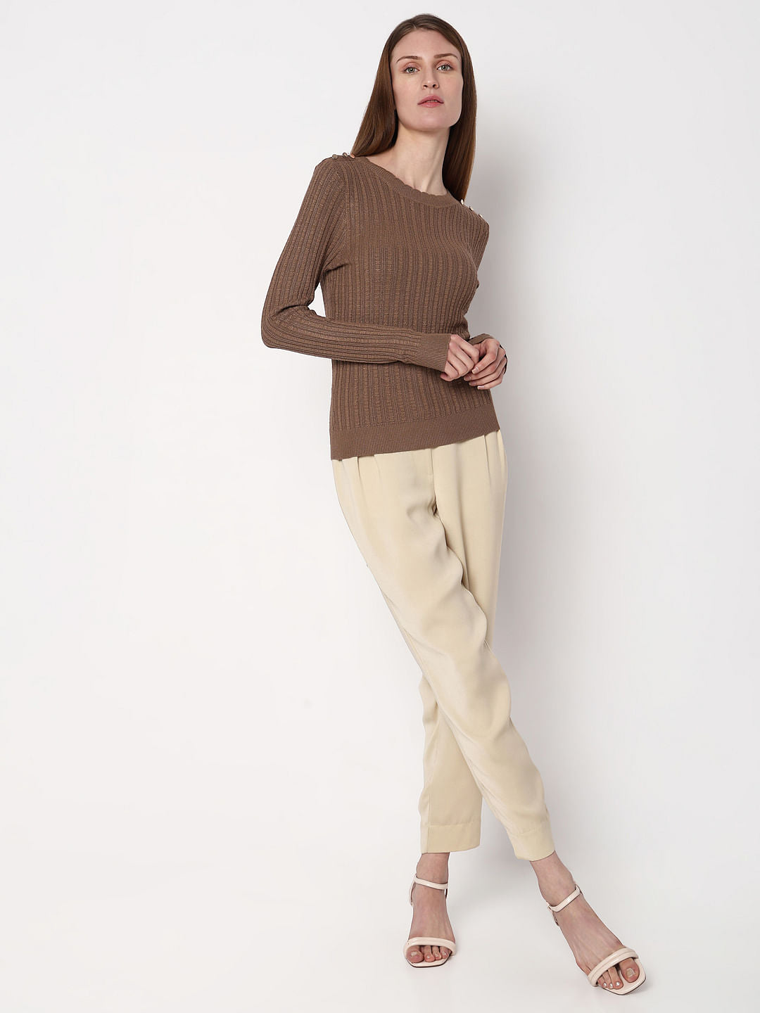 Brown Button Detail Fitted Pullover