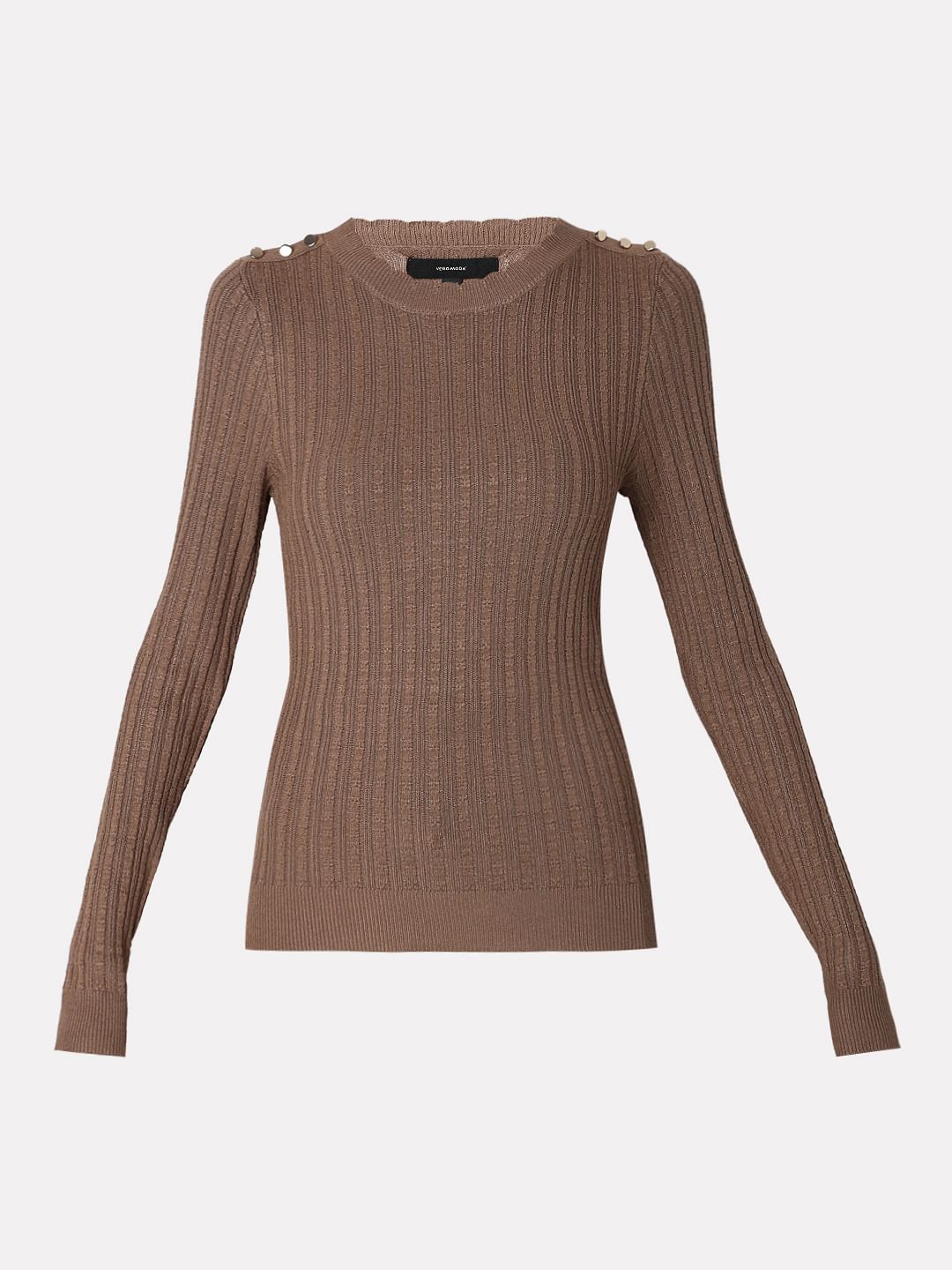 Brown Button Detail Fitted Pullover