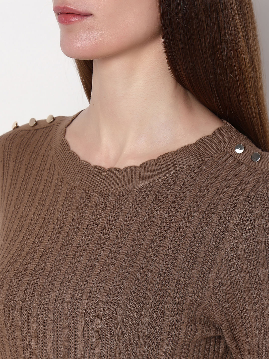 Brown Button Detail Fitted Pullover