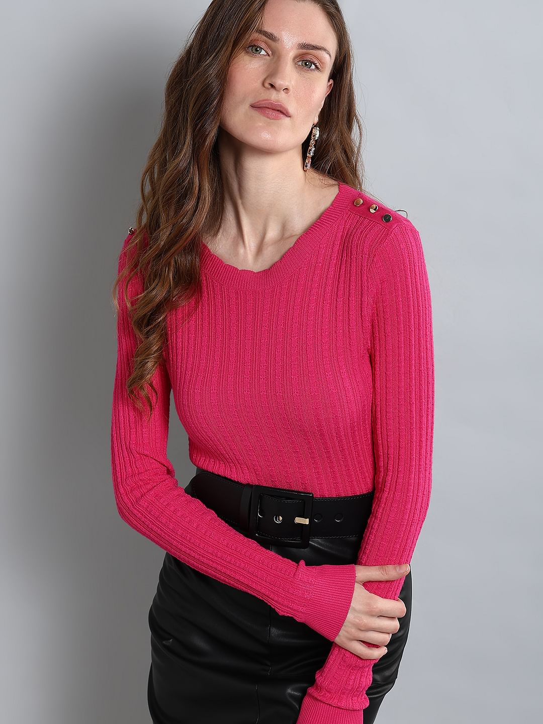 Pink Button Detail Fitted Pullover