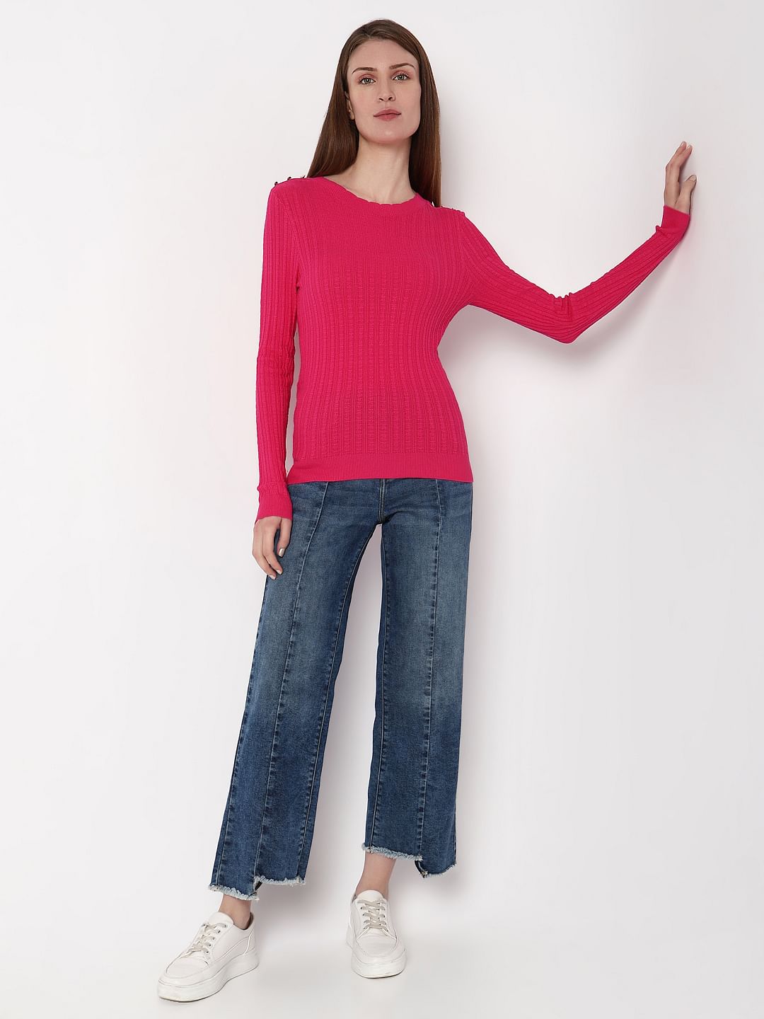 Pink Button Detail Fitted Pullover