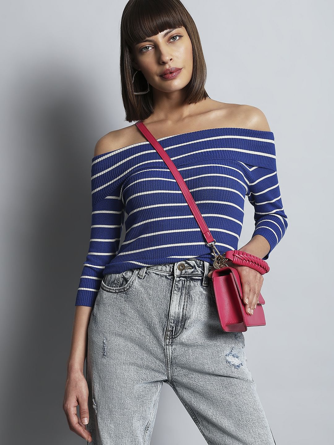 Blue Striped Off-Shoulder Top