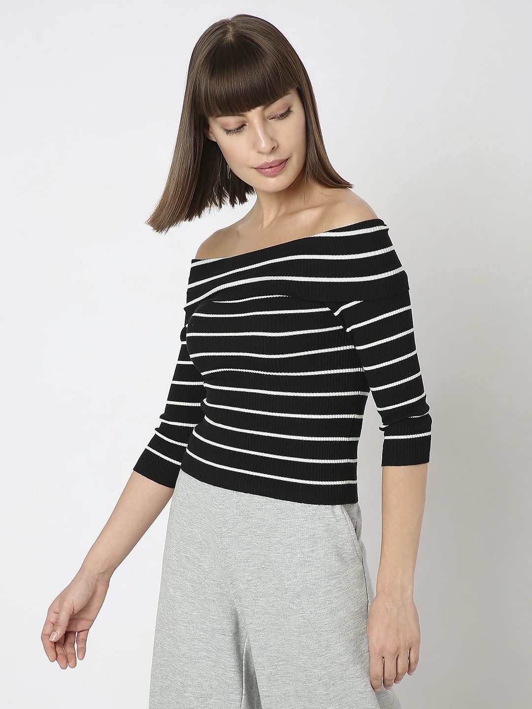 Black Striped Off-Shoulder Top