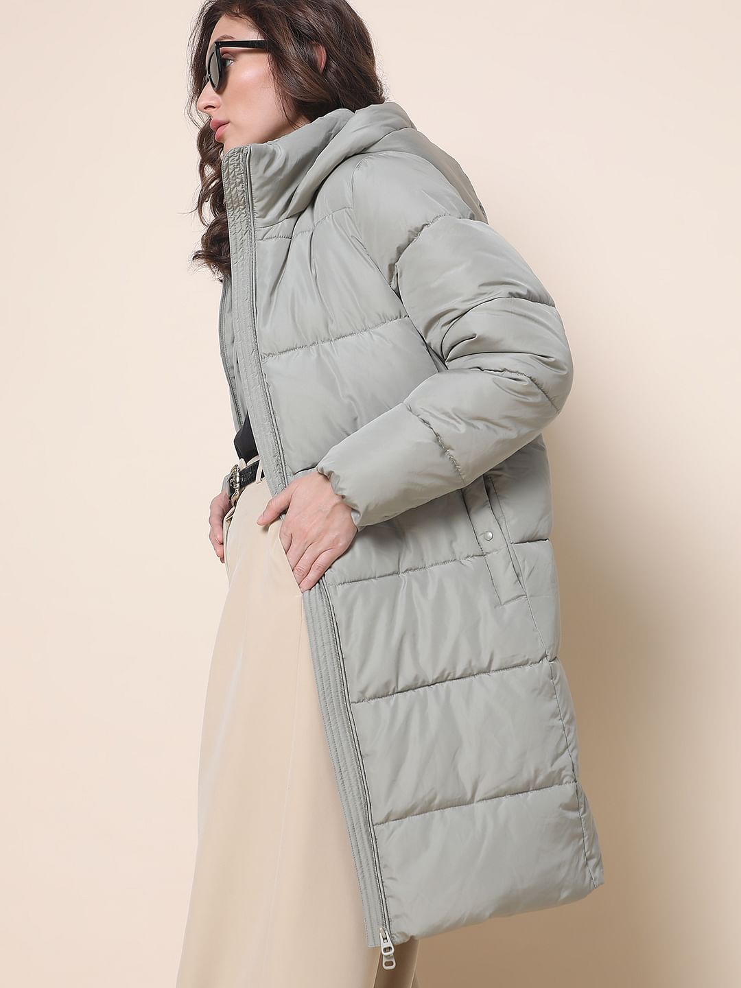 Light Green Long Hooded Puffer Coat - Main Image