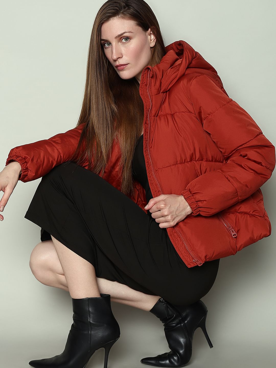 Red Hooded Short Puffer Jacket