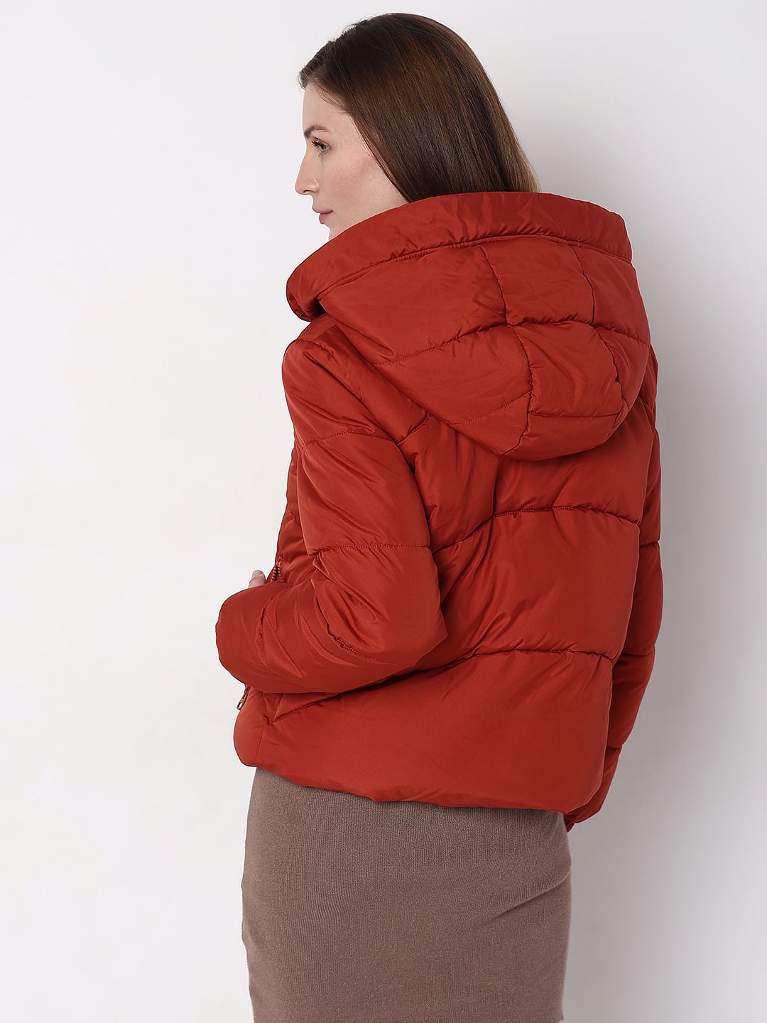 Red Hooded Short Puffer Jacket