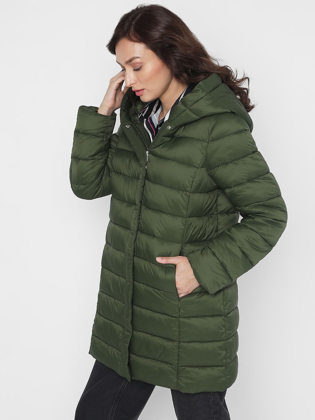 Dark Green Long Hooded Puffer Jacket