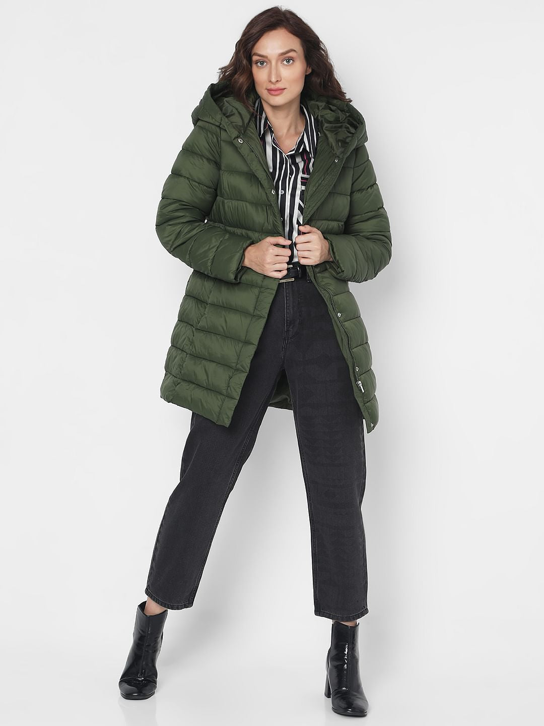 Dark Green Long Hooded Puffer Jacket