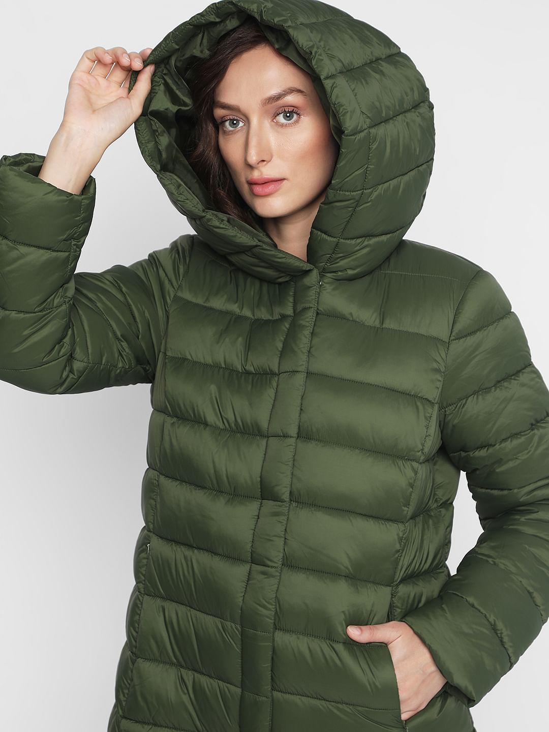 Dark Green Long Hooded Puffer Jacket