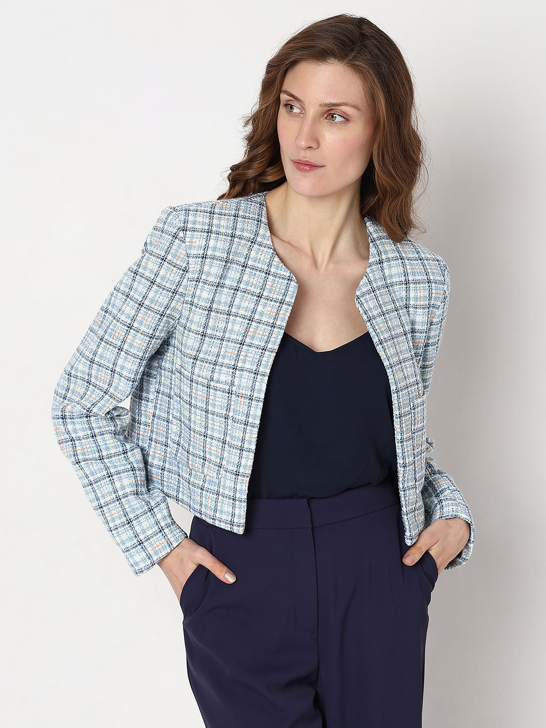 Blue Tweed Cropped Co-Ord Set Blazer
