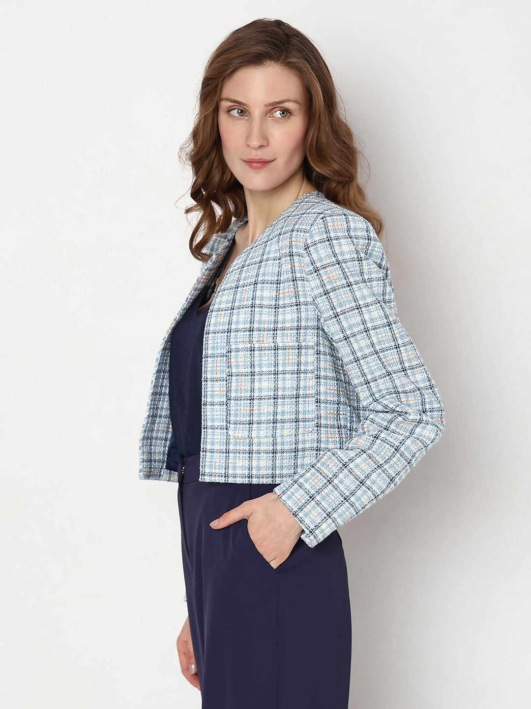 Blue Tweed Cropped Co-Ord Set Blazer