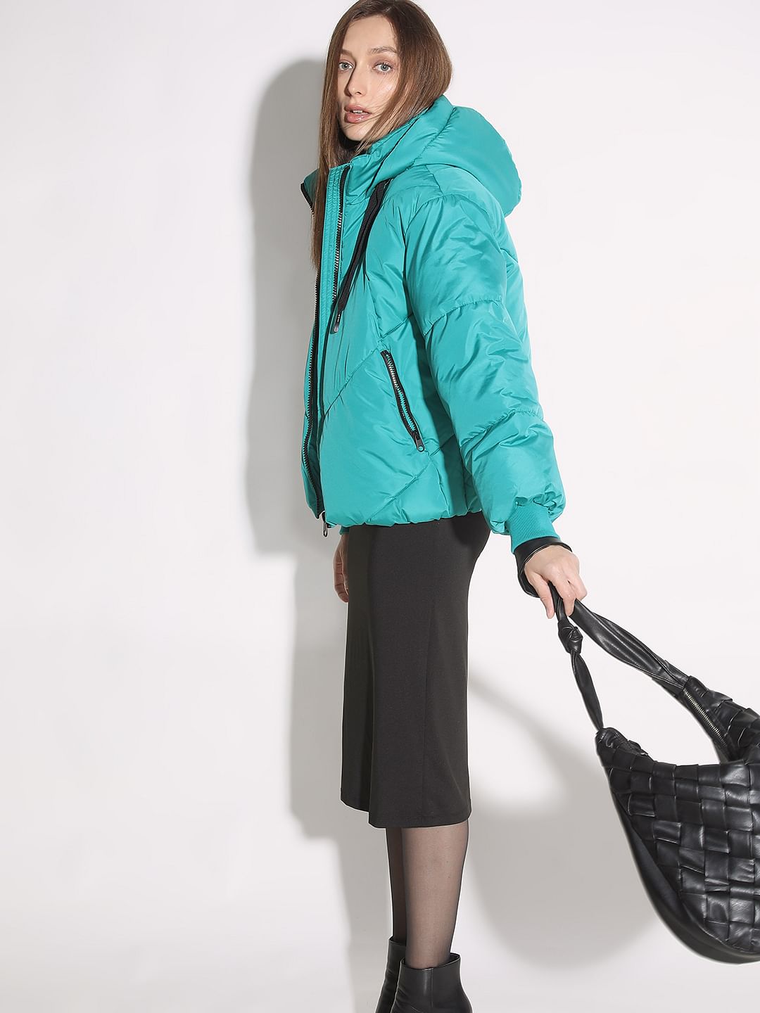 Teal Blue Hooded Puffer Jacket