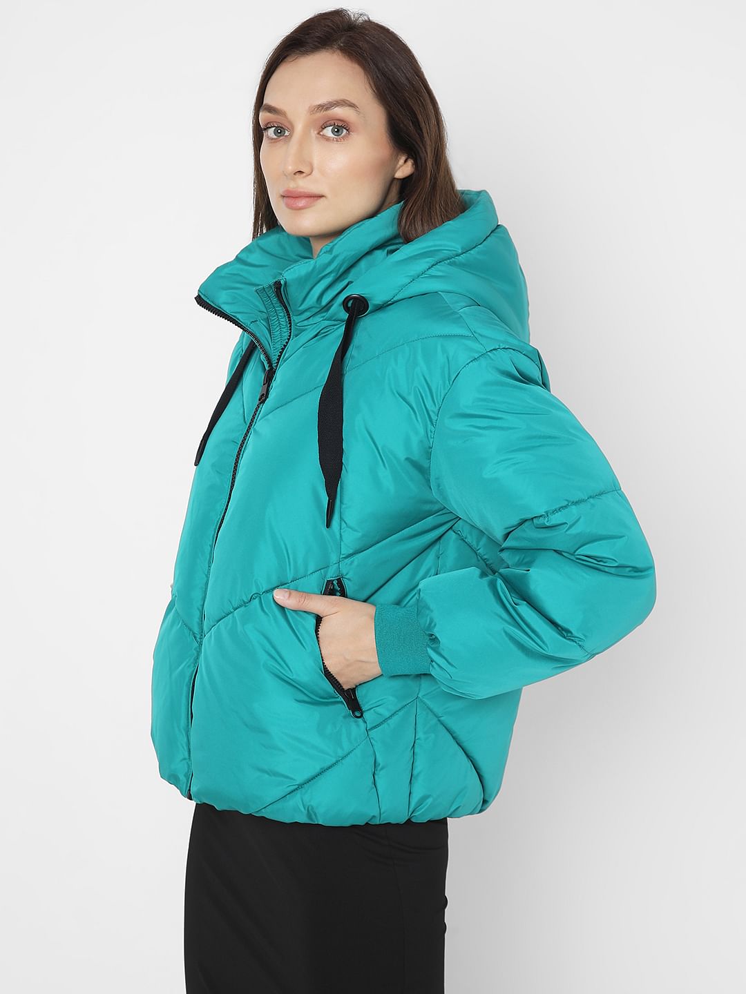 Teal Blue Hooded Puffer Jacket
