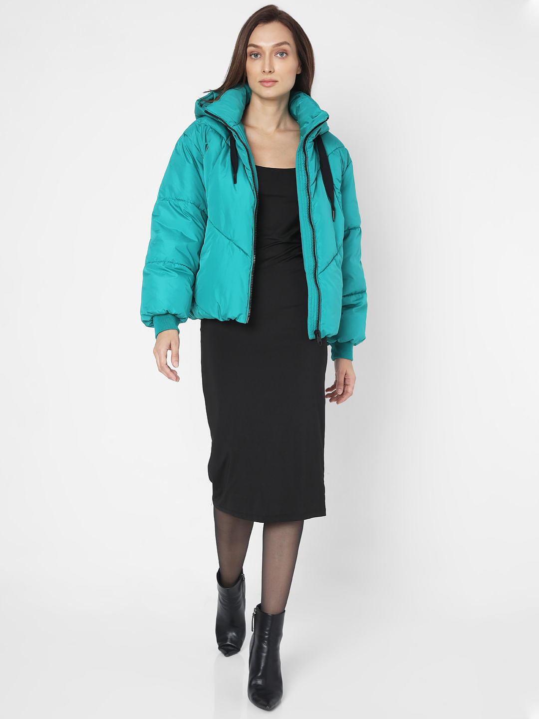 Teal Blue Hooded Puffer Jacket