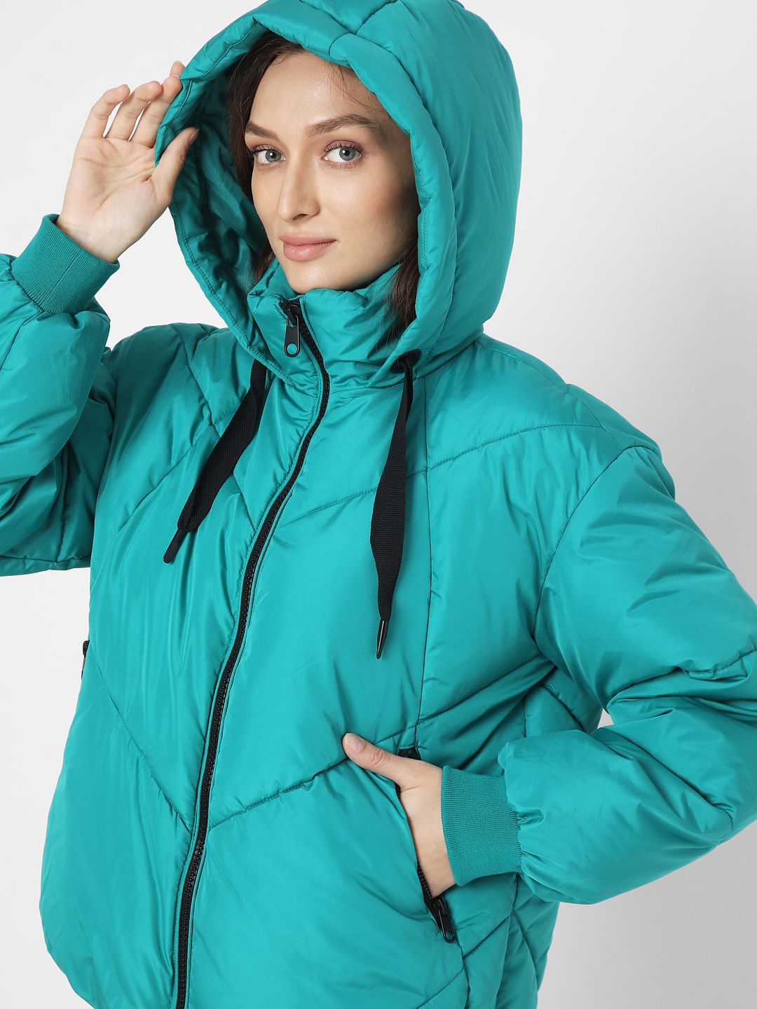 Teal Blue Hooded Puffer Jacket