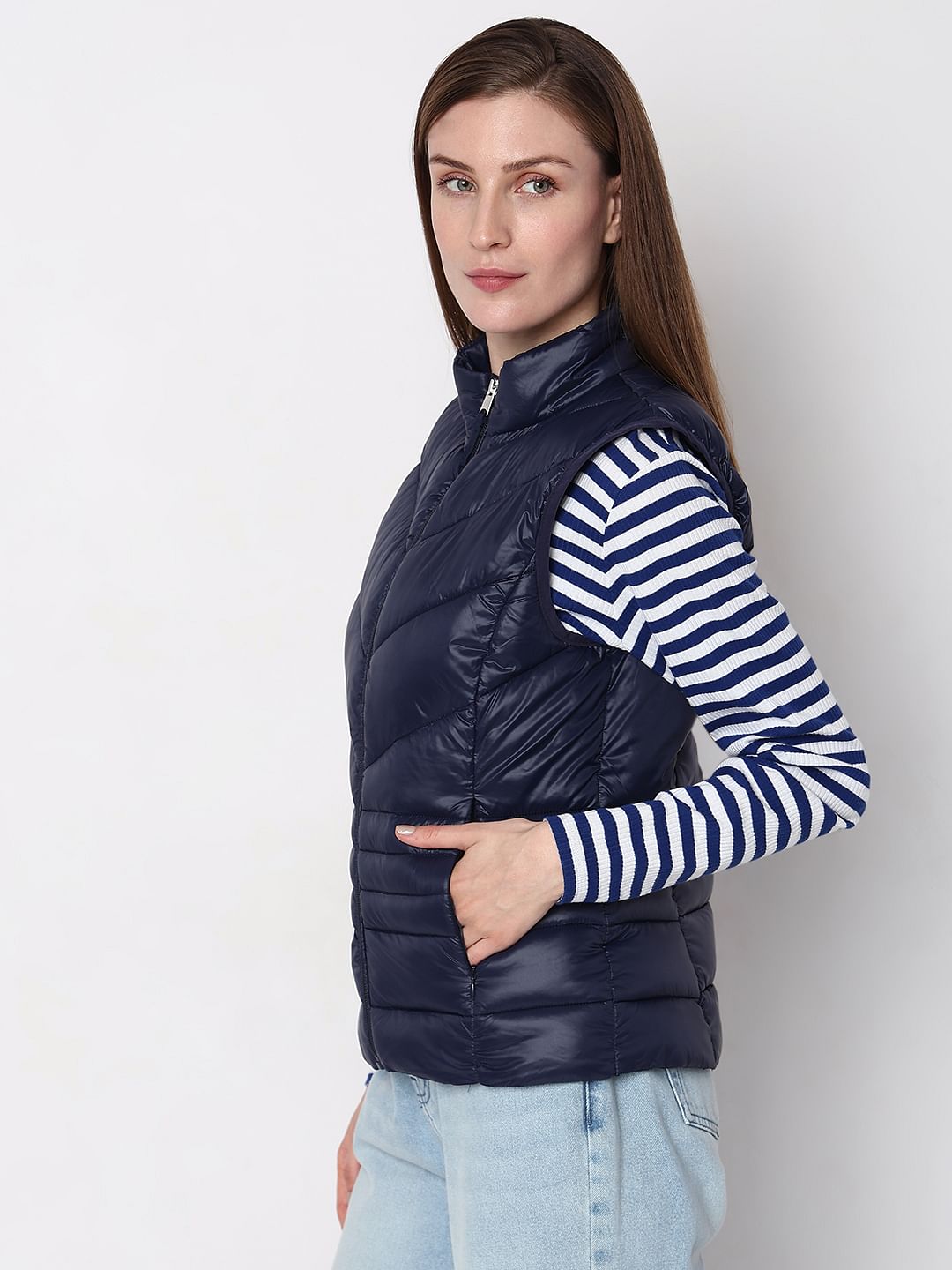 Navy Blue Sleeveless Puffer Jacket