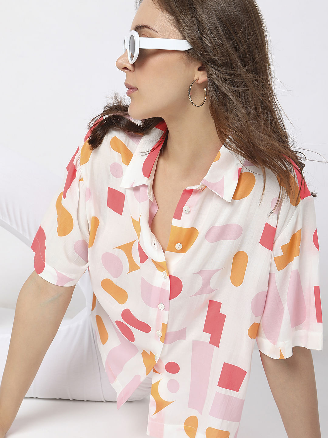 White Geometric Print Shirt