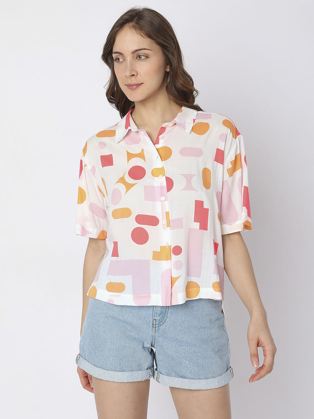 White Geometric Print Shirt