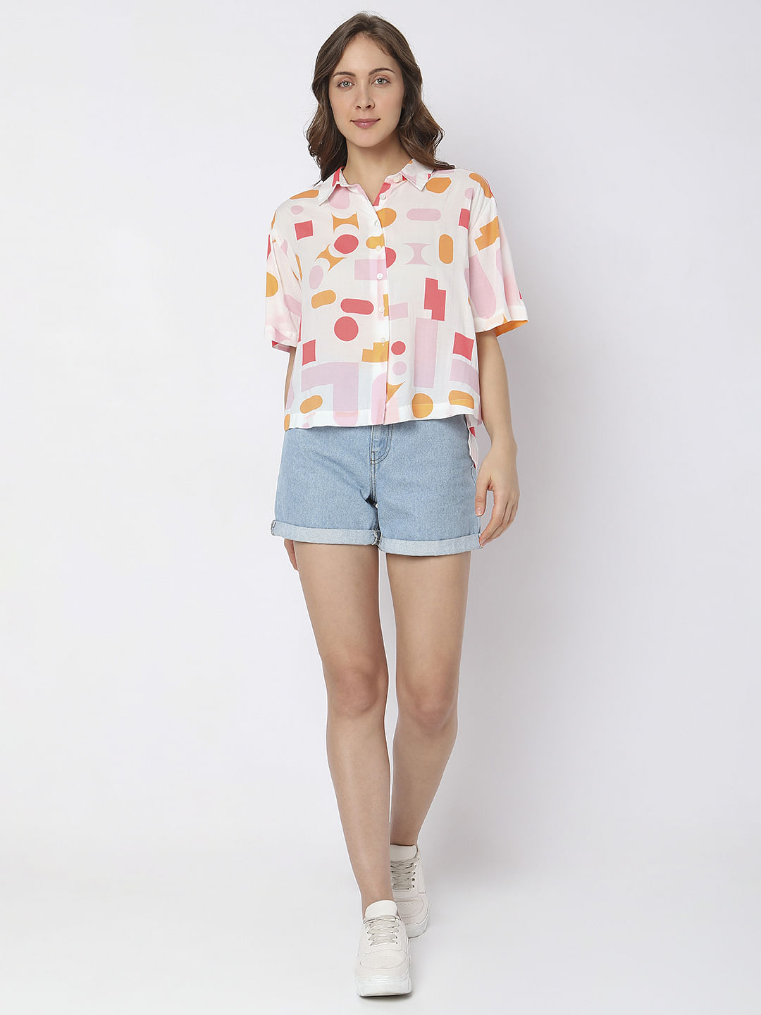 White Geometric Print Shirt