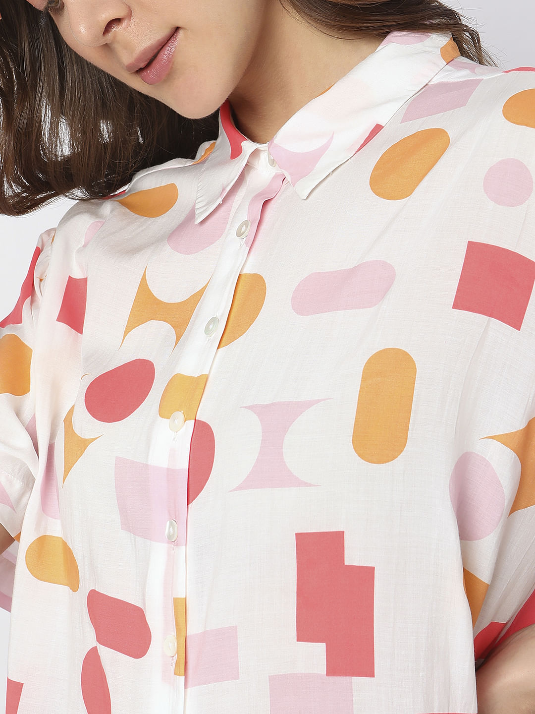 White Geometric Print Shirt