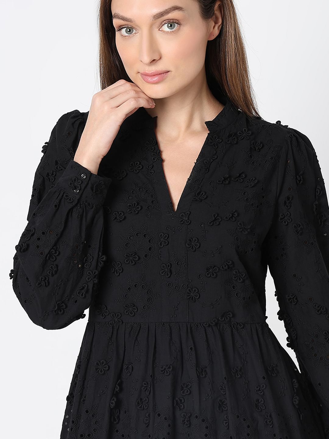 Black Schiffli Fit & Flare Dress