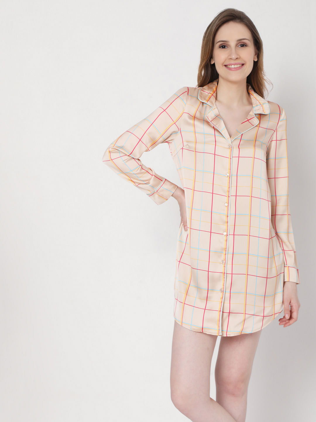 Beige Check Nightwear Dress