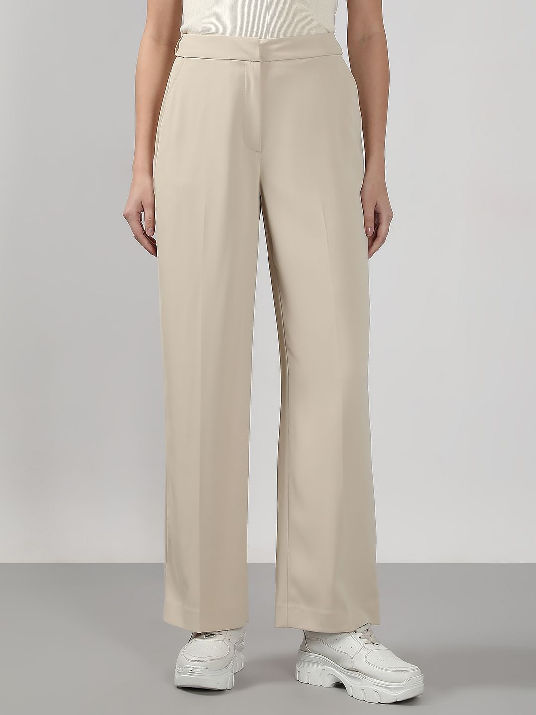 Beige High Rise Flared Pants